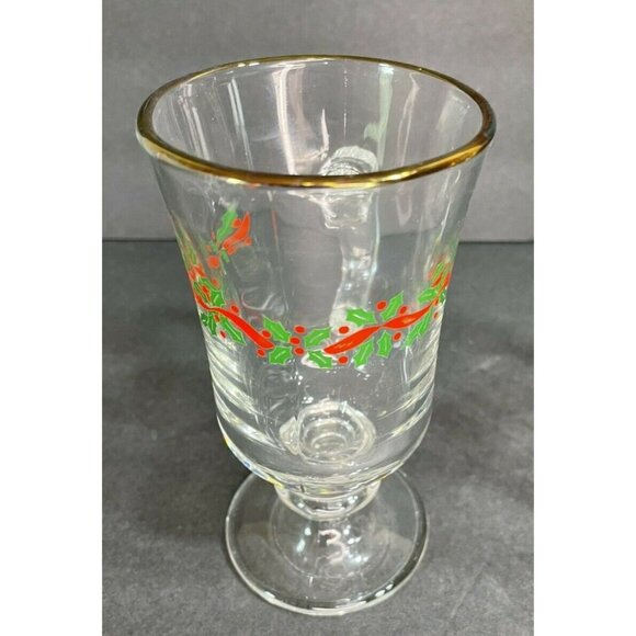 Vintage Libby Christmas Holly Berries Footed Irish Coffee Mug Set of 2 Gold Rim - Picture 4 of 10